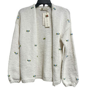 Fanm Mon Hand Knit Blue Rose Cardigan Cotton Sweater | Womens XS S NEW